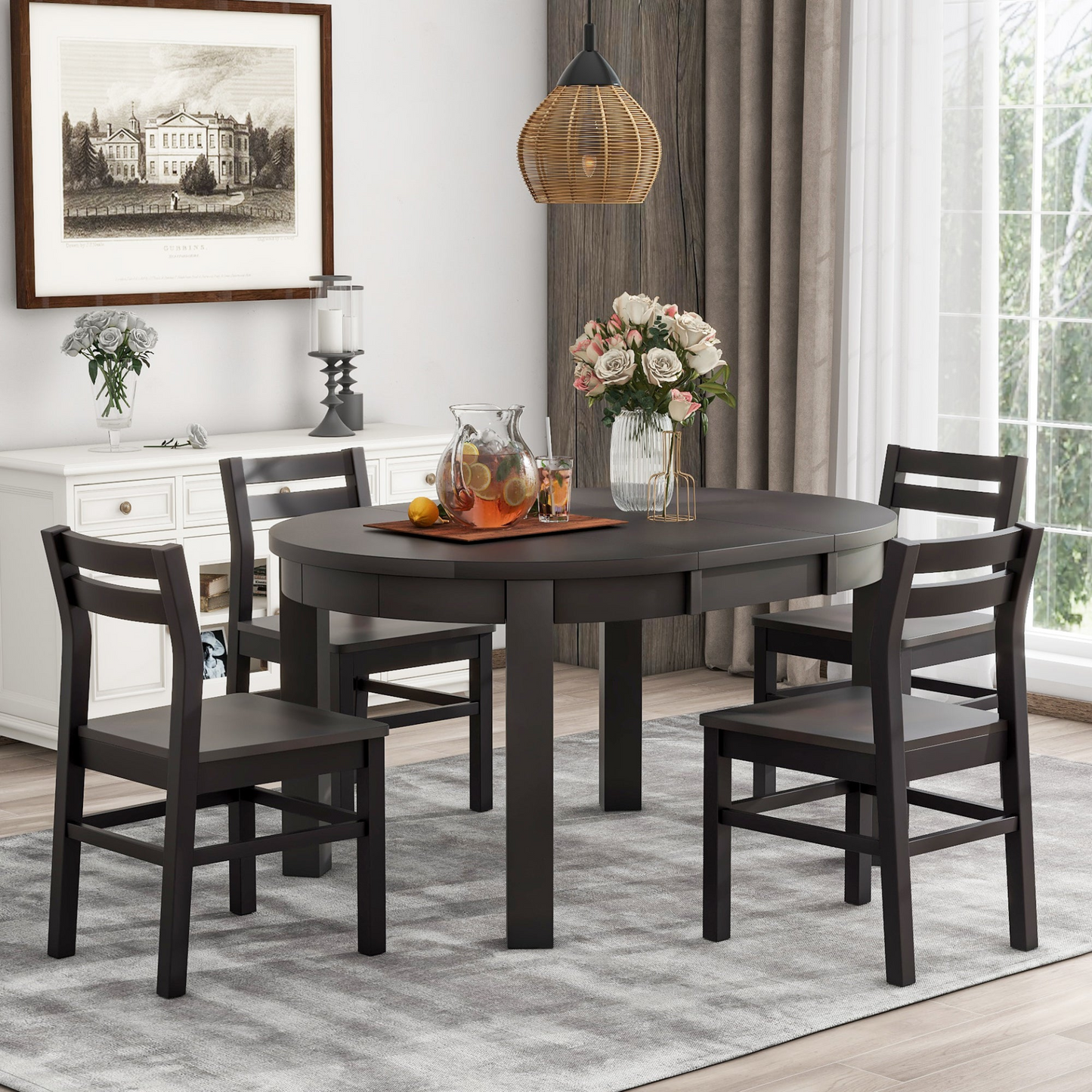 Farmhouse 5-Piece Extendable Round Dining Table Set with Storage Drawers and 4 Dining Chairs,16" Removable Leaf, Espresso