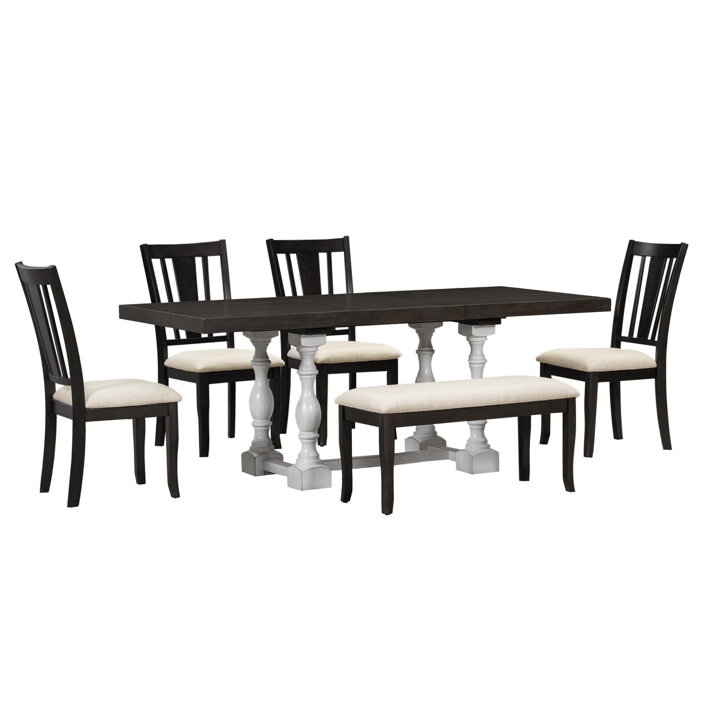 Traditional 6-Piece 78inch Trestle Extendable Dining Table Set with One 18inch Removable Leaf, Padded Dining Chairs and Bench,Distressed White