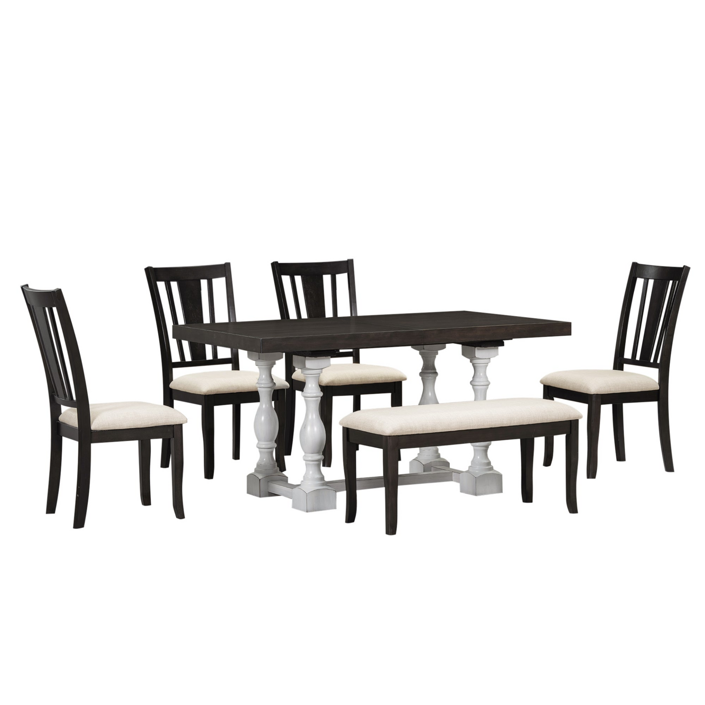 Traditional 6-Piece 78inch Trestle Extendable Dining Table Set with One 18inch Removable Leaf, Padded Dining Chairs and Bench,Distressed White