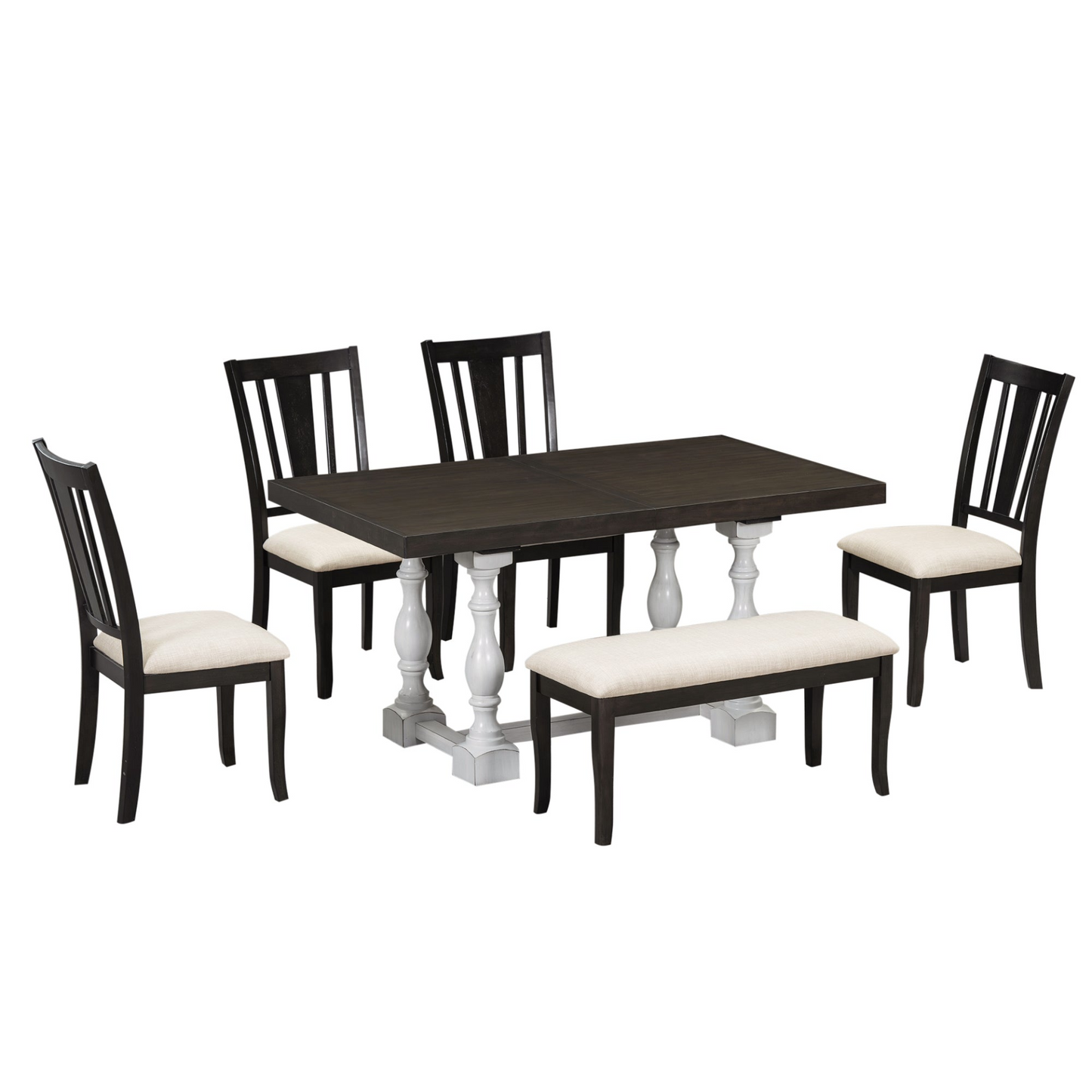 Traditional 6-Piece 78inch Trestle Extendable Dining Table Set with One 18inch Removable Leaf, Padded Dining Chairs and Bench,Distressed White