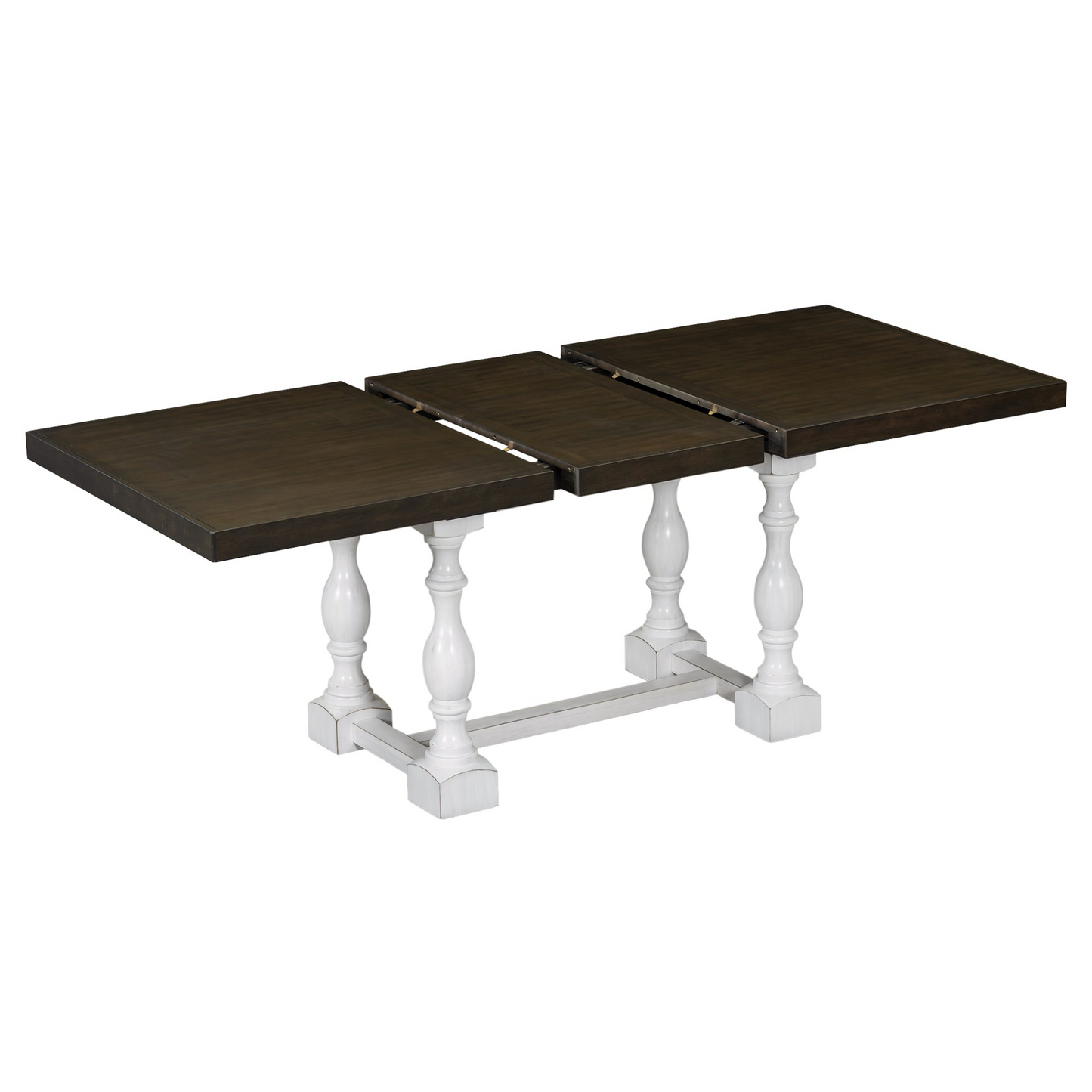 Traditional 6-Piece 78inch Trestle Extendable Dining Table Set with One 18inch Removable Leaf, Padded Dining Chairs and Bench,Distressed White
