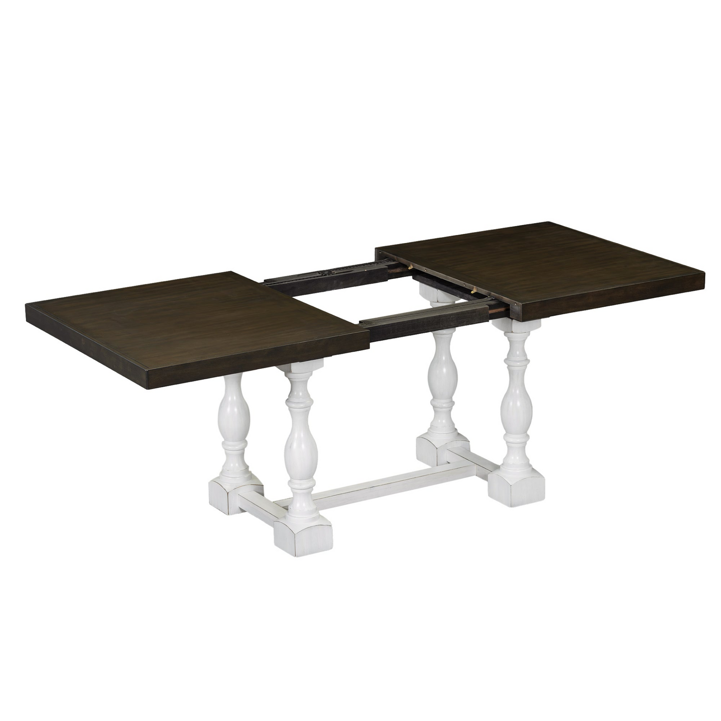 Traditional 6-Piece 78inch Trestle Extendable Dining Table Set with One 18inch Removable Leaf, Padded Dining Chairs and Bench,Distressed White
