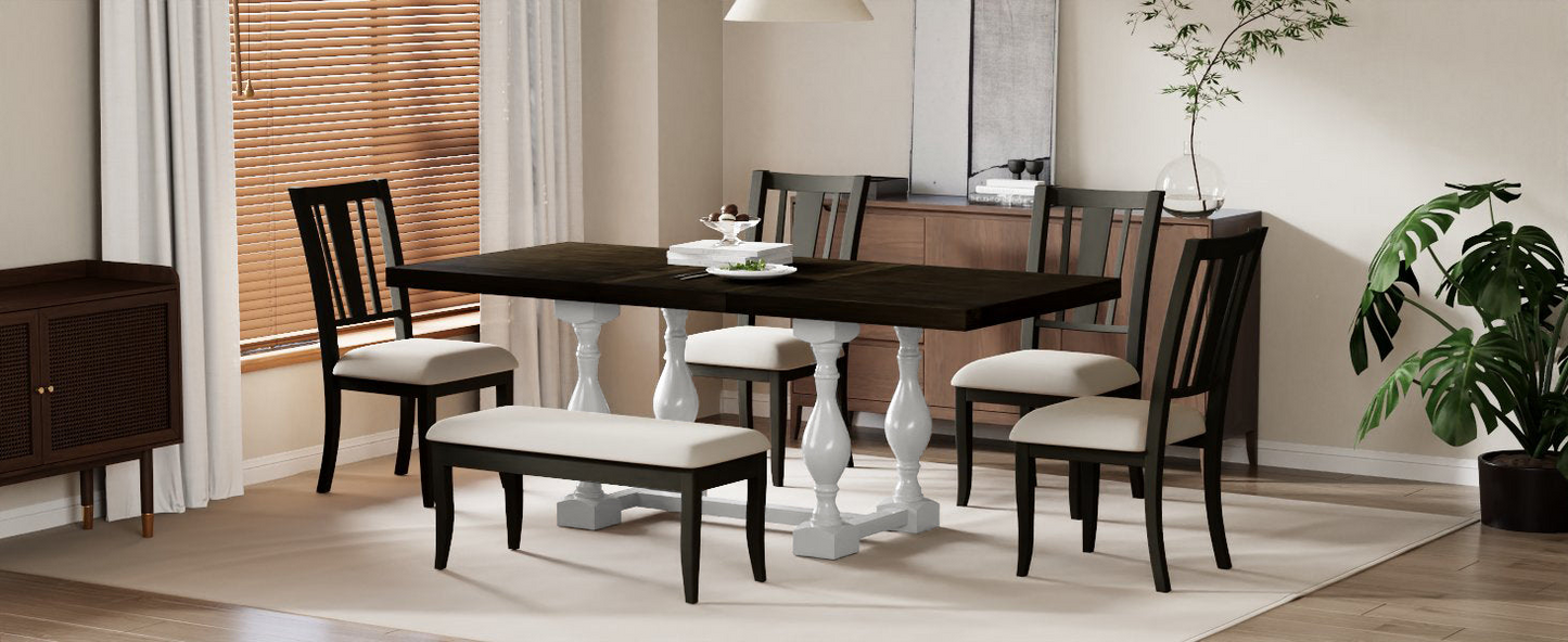 Traditional 6-Piece 78inch Trestle Extendable Dining Table Set with One 18inch Removable Leaf, Padded Dining Chairs and Bench,Distressed White