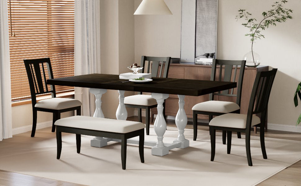 Traditional 6-Piece 78inch Trestle Extendable Dining Table Set with One 18inch Removable Leaf, Padded Dining Chairs and Bench,Distressed White