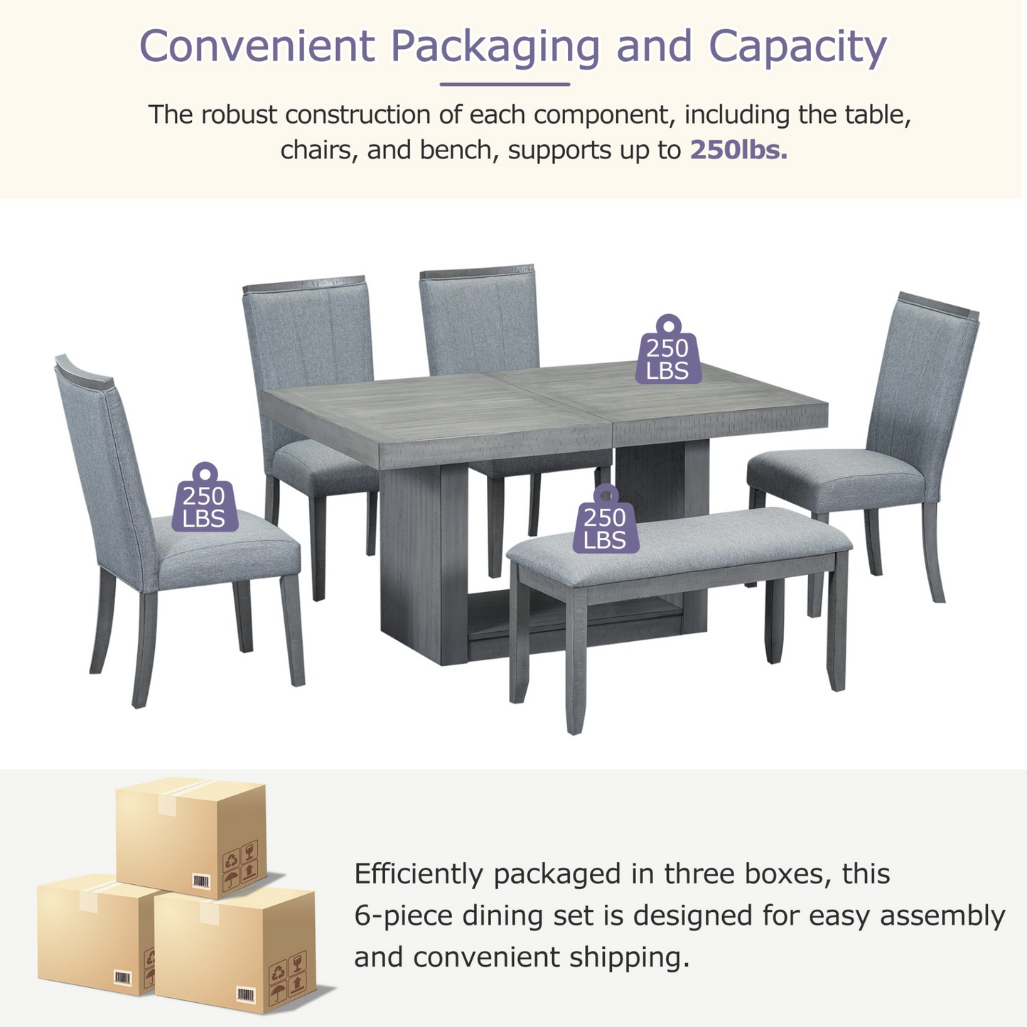 Contemporary 6-Piece 78inch Extendable Pedestal Dining Table Set with 18inch Removable Leaf and Dining Bench, 4 Upholstered Dining Chairs, Gray