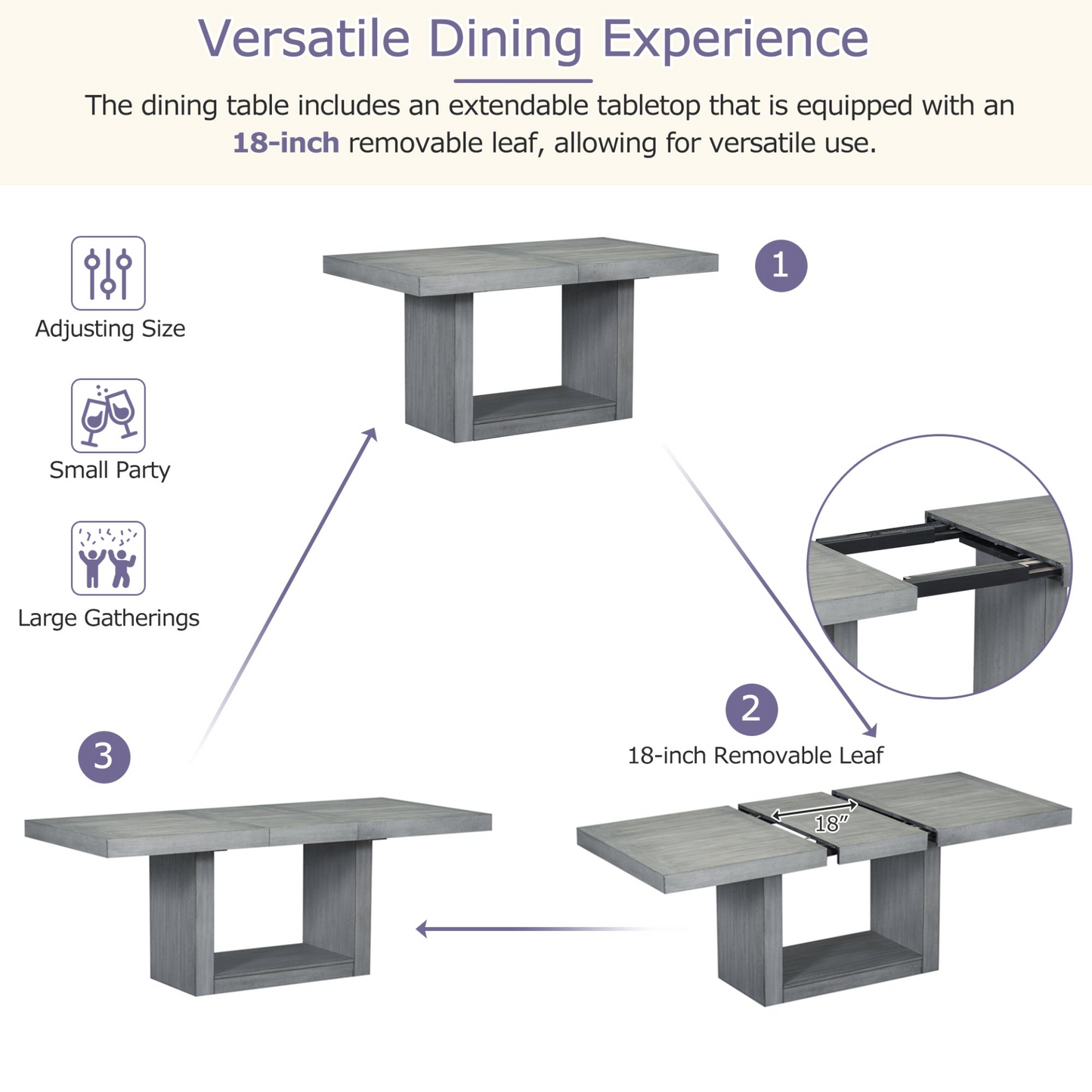 Contemporary 6-Piece 78inch Extendable Pedestal Dining Table Set with 18inch Removable Leaf and Dining Bench, 4 Upholstered Dining Chairs, Gray