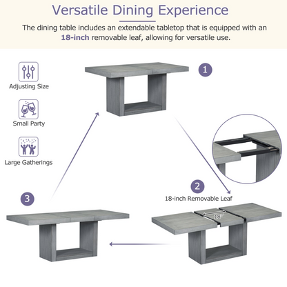 Contemporary 6-Piece 78inch Extendable Pedestal Dining Table Set with 18inch Removable Leaf and Dining Bench, 4 Upholstered Dining Chairs, Gray