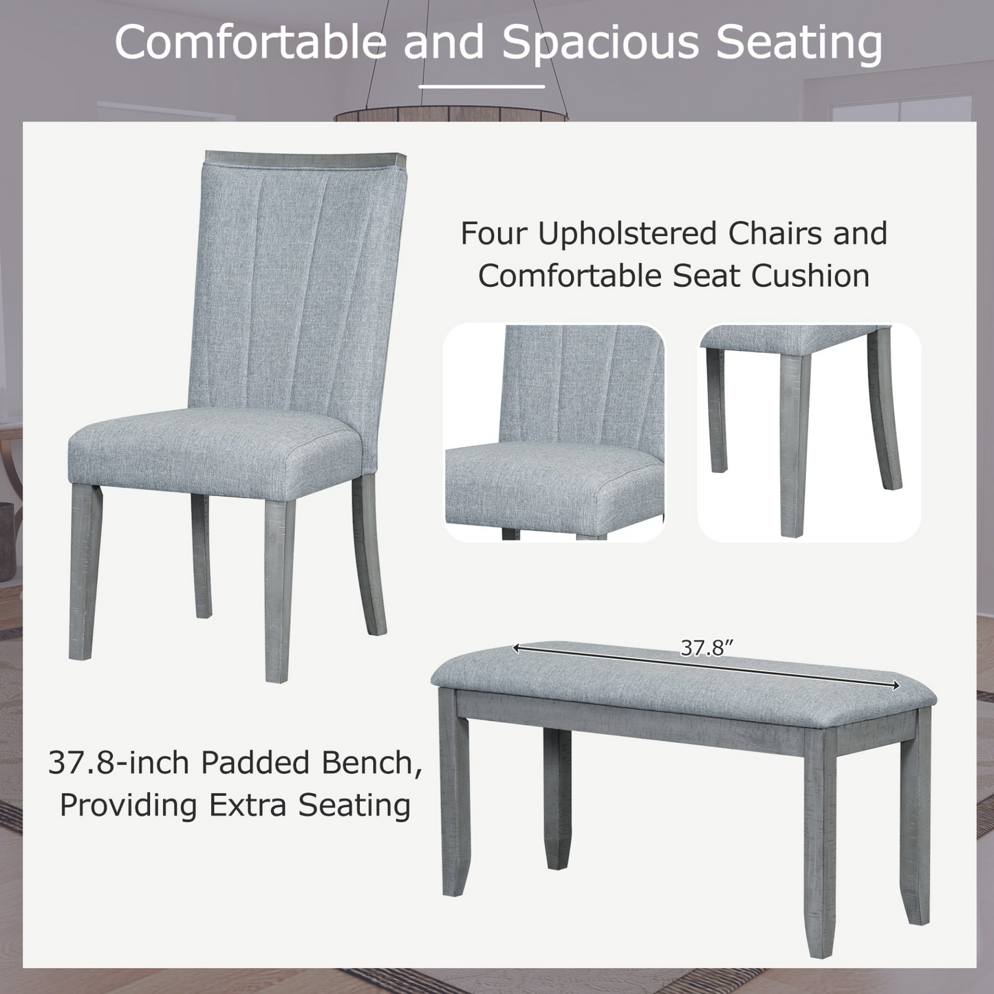 Contemporary 6-Piece 78inch Extendable Pedestal Dining Table Set with 18inch Removable Leaf and Dining Bench, 4 Upholstered Dining Chairs, Gray