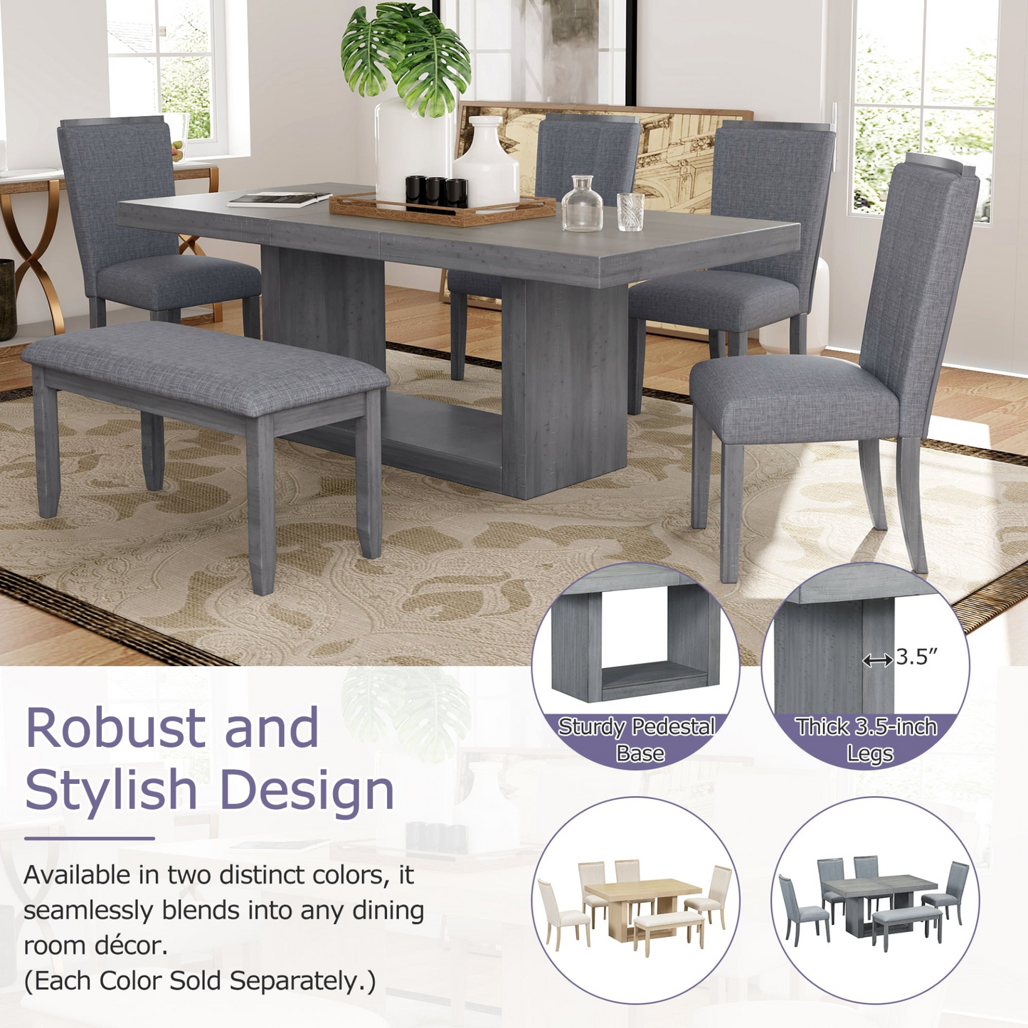 Contemporary 6-Piece 78inch Extendable Pedestal Dining Table Set with 18inch Removable Leaf and Dining Bench, 4 Upholstered Dining Chairs, Gray