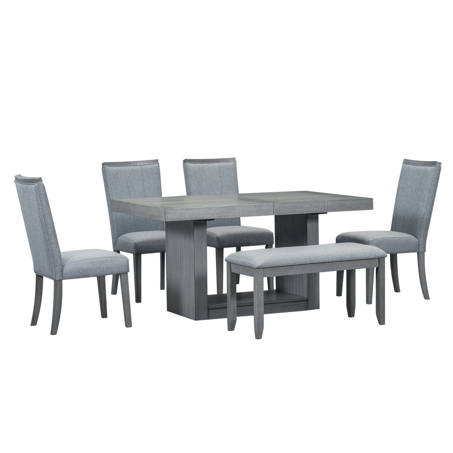 Contemporary 6-Piece 78inch Extendable Pedestal Dining Table Set with 18inch Removable Leaf and Dining Bench, 4 Upholstered Dining Chairs, Gray