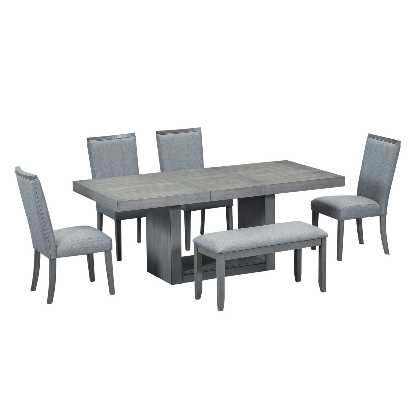Contemporary 6-Piece 78inch Extendable Pedestal Dining Table Set with 18inch Removable Leaf and Dining Bench, 4 Upholstered Dining Chairs, Gray