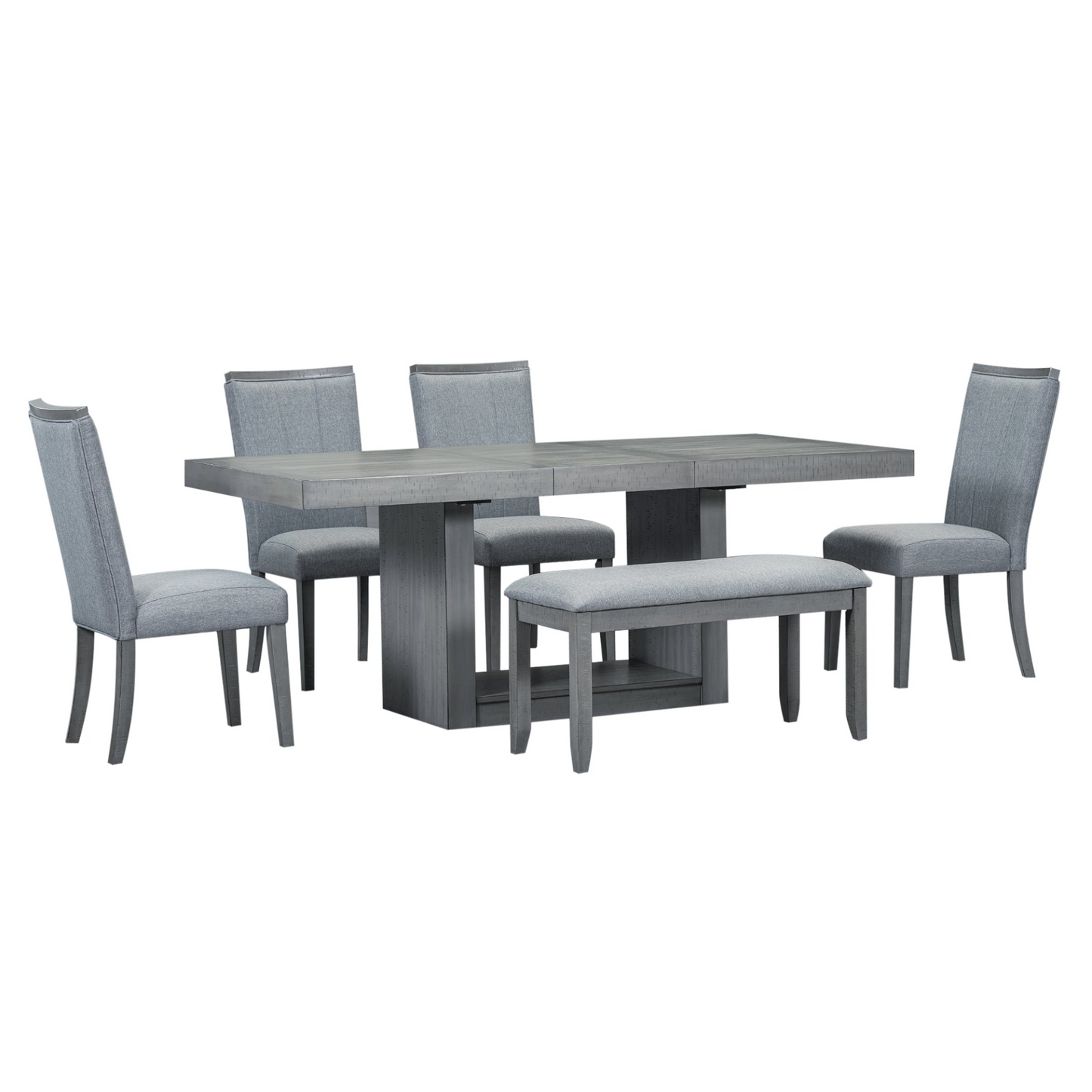 Contemporary 6-Piece 78inch Extendable Pedestal Dining Table Set with 18inch Removable Leaf and Dining Bench, 4 Upholstered Dining Chairs, Gray