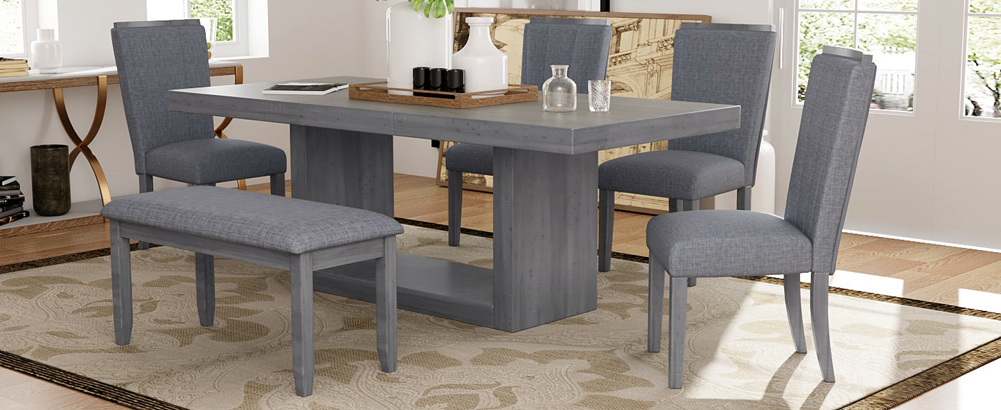 Contemporary 6-Piece 78inch Extendable Pedestal Dining Table Set with 18inch Removable Leaf and Dining Bench, 4 Upholstered Dining Chairs, Gray