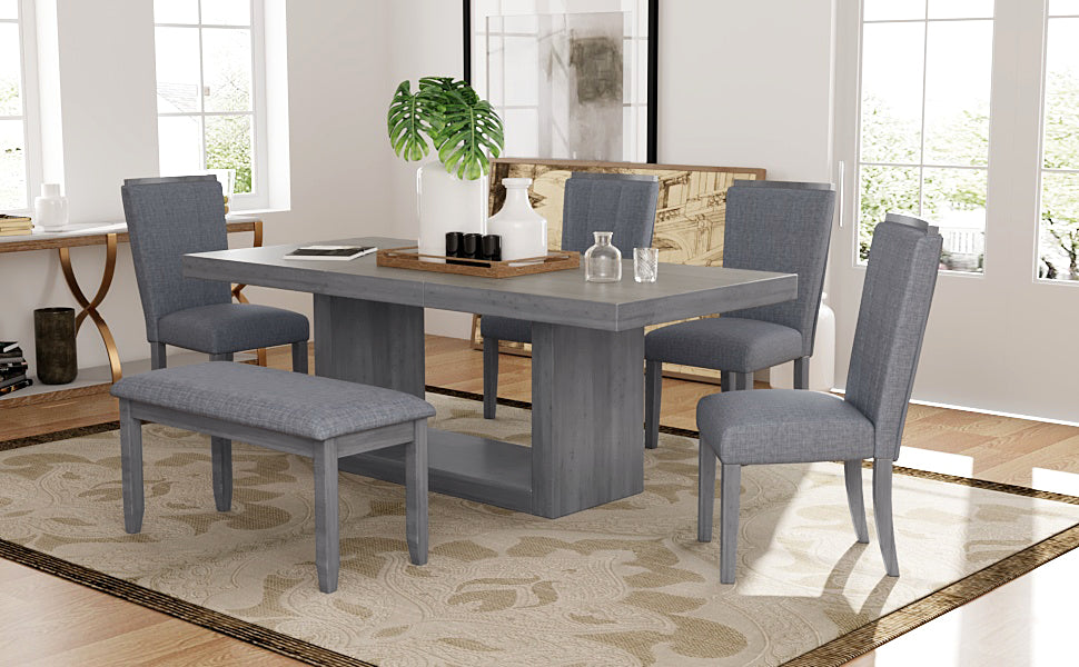 Contemporary 6-Piece 78inch Extendable Pedestal Dining Table Set with 18inch Removable Leaf and Dining Bench, 4 Upholstered Dining Chairs, Gray