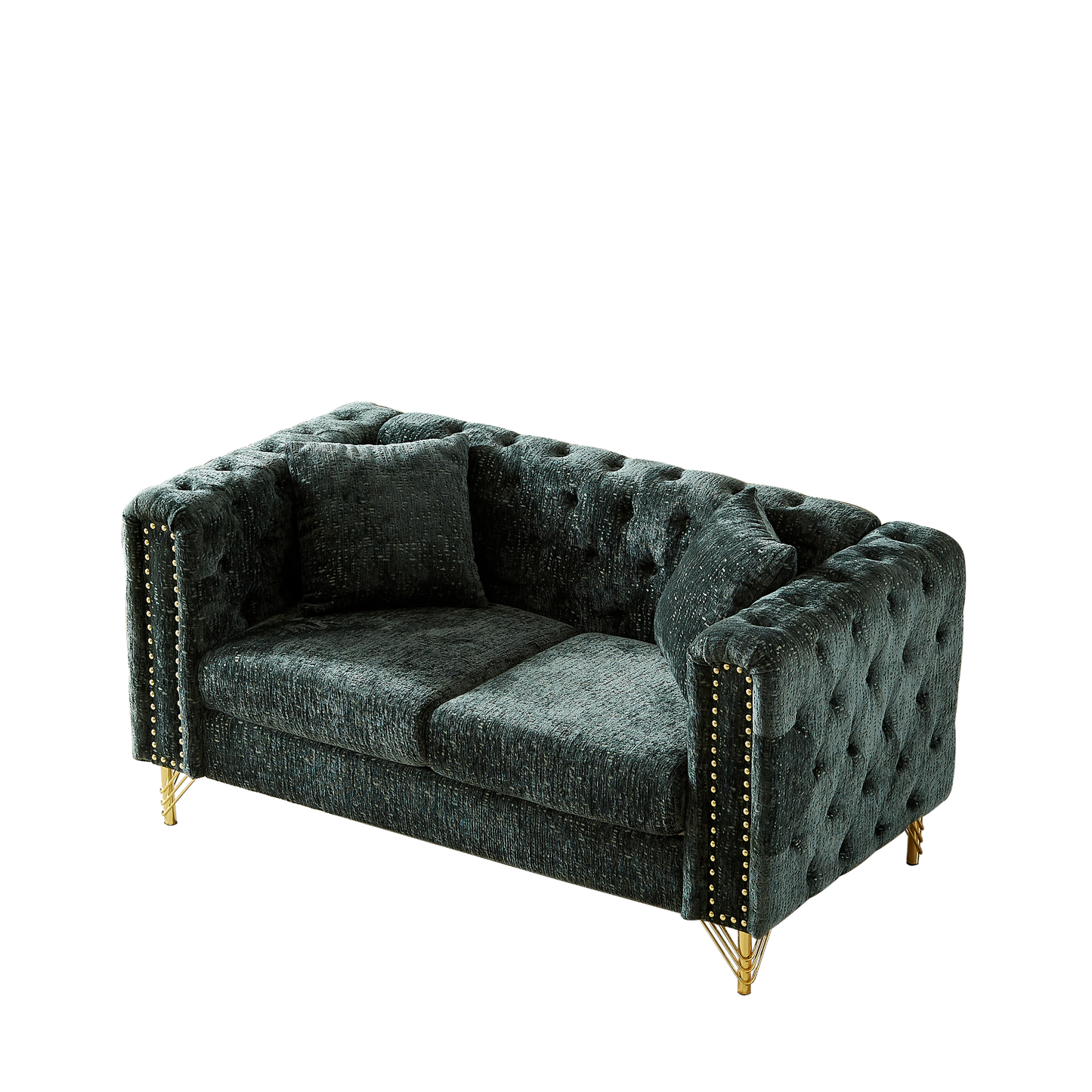 60-Inch Chenille Pull Buckle Design Sofa for Living Room,Buttons Tufted With Copper Nail Decoration Armrest, Modern Couch Upholstered Button And Metal Legs