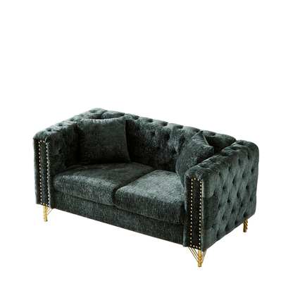 60-Inch Chenille Pull Buckle Design Sofa for Living Room,Buttons Tufted With Copper Nail Decoration Armrest, Modern Couch Upholstered Button And Metal Legs