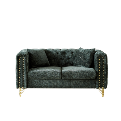 60-Inch Chenille Pull Buckle Design Sofa for Living Room,Buttons Tufted With Copper Nail Decoration Armrest, Modern Couch Upholstered Button And Metal Legs