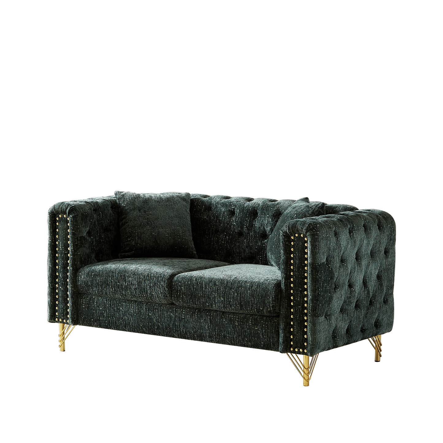 60-Inch Chenille Pull Buckle Design Sofa for Living Room,Buttons Tufted With Copper Nail Decoration Armrest, Modern Couch Upholstered Button And Metal Legs