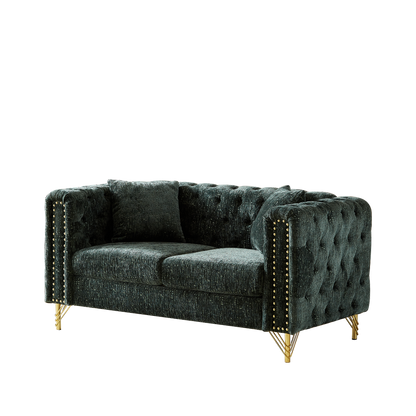 60-Inch Chenille Pull Buckle Design Sofa for Living Room,Buttons Tufted With Copper Nail Decoration Armrest, Modern Couch Upholstered Button And Metal Legs