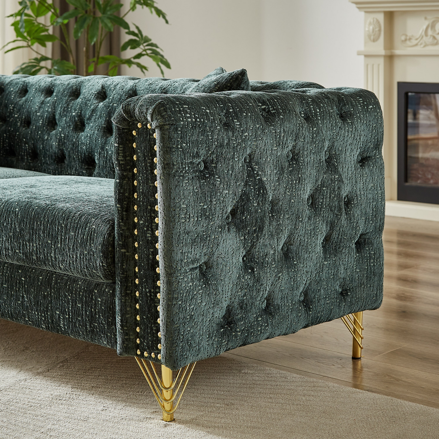 60-Inch Chenille Pull Buckle Design Sofa for Living Room,Buttons Tufted With Copper Nail Decoration Armrest, Modern Couch Upholstered Button And Metal Legs