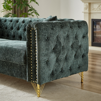 60-Inch Chenille Pull Buckle Design Sofa for Living Room,Buttons Tufted With Copper Nail Decoration Armrest, Modern Couch Upholstered Button And Metal Legs