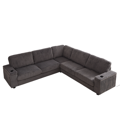 110-Inch Oversized Corduroy Corner Sofa,L Shaped Corner Couch with two storage spaces,USB port & T-pyce port and Cup-holder , Deep Seat Comfy Upholstered Couches for Living Room(Not freely combinable)