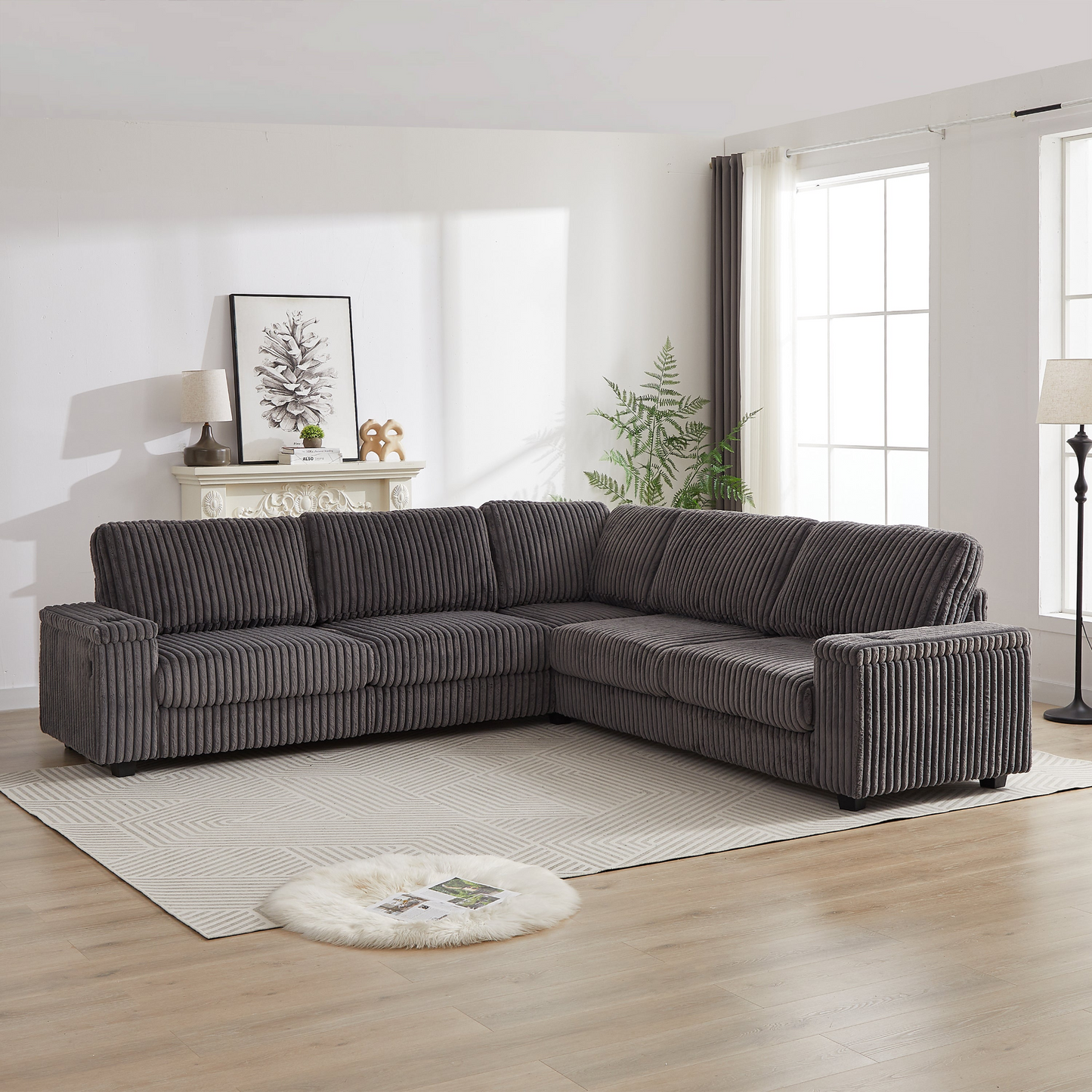 110-Inch Oversized Corduroy Corner Sofa,L Shaped Corner Couch with two storage spaces,USB port & T-pyce port and Cup-holder , Deep Seat Comfy Upholstered Couches for Living Room(Not freely combinable)