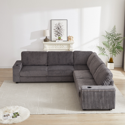 110-Inch Oversized Corduroy Corner Sofa,L Shaped Corner Couch with two storage spaces,USB port & T-pyce port and Cup-holder , Deep Seat Comfy Upholstered Couches for Living Room(Not freely combinable)