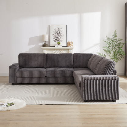 110-Inch Oversized Corduroy Corner Sofa,L Shaped Corner Couch with two storage spaces,USB port & T-pyce port and Cup-holder , Deep Seat Comfy Upholstered Couches for Living Room(Not freely combinable)