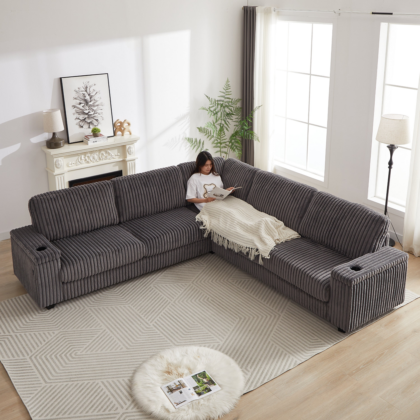 110-Inch Oversized Corduroy Corner Sofa,L Shaped Corner Couch with two storage spaces,USB port & T-pyce port and Cup-holder , Deep Seat Comfy Upholstered Couches for Living Room(Not freely combinable)