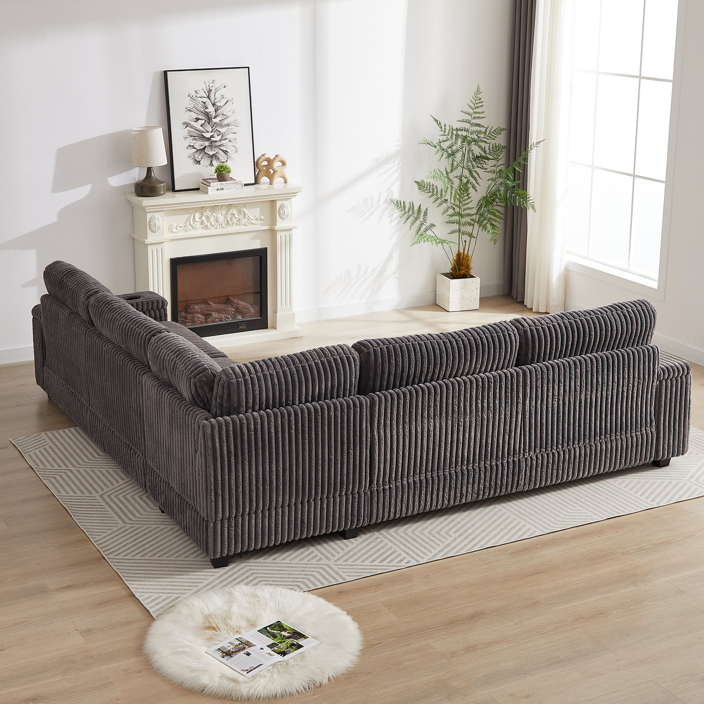 110-Inch Oversized Corduroy Corner Sofa,L Shaped Corner Couch with two storage spaces,USB port & T-pyce port and Cup-holder , Deep Seat Comfy Upholstered Couches for Living Room(Not freely combinable)