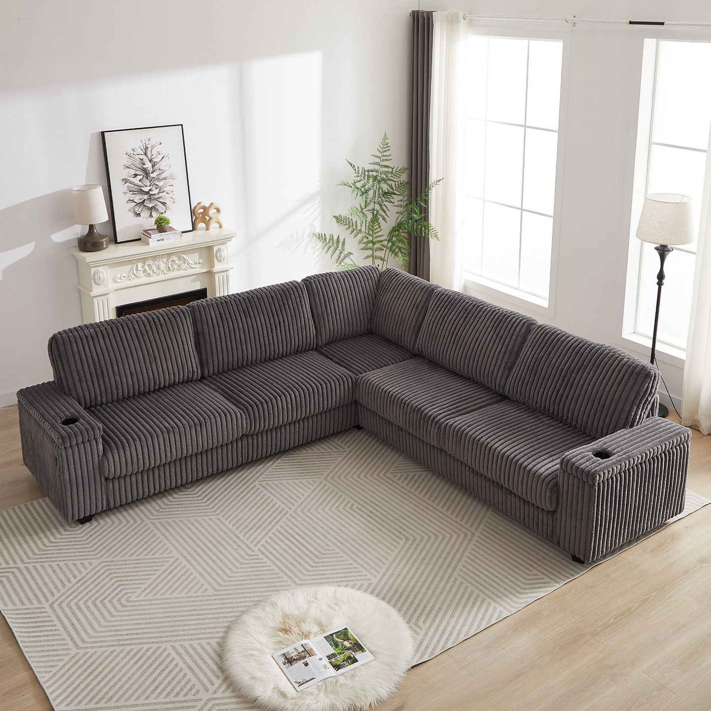 110-Inch Oversized Corduroy Corner Sofa,L Shaped Corner Couch with two storage spaces,USB port & T-pyce port and Cup-holder , Deep Seat Comfy Upholstered Couches for Living Room(Not freely combinable)