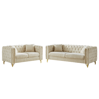 Chenille Pull Buckle Design Sofa for Living Room,Buttons Tufted With Copper Nail Decoration Armrest, Modern Couch Upholstered Button And Metal Legs