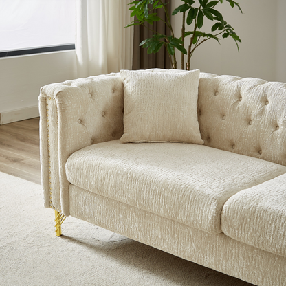 Chenille Pull Buckle Design Sofa for Living Room,Buttons Tufted With Copper Nail Decoration Armrest, Modern Couch Upholstered Button And Metal Legs