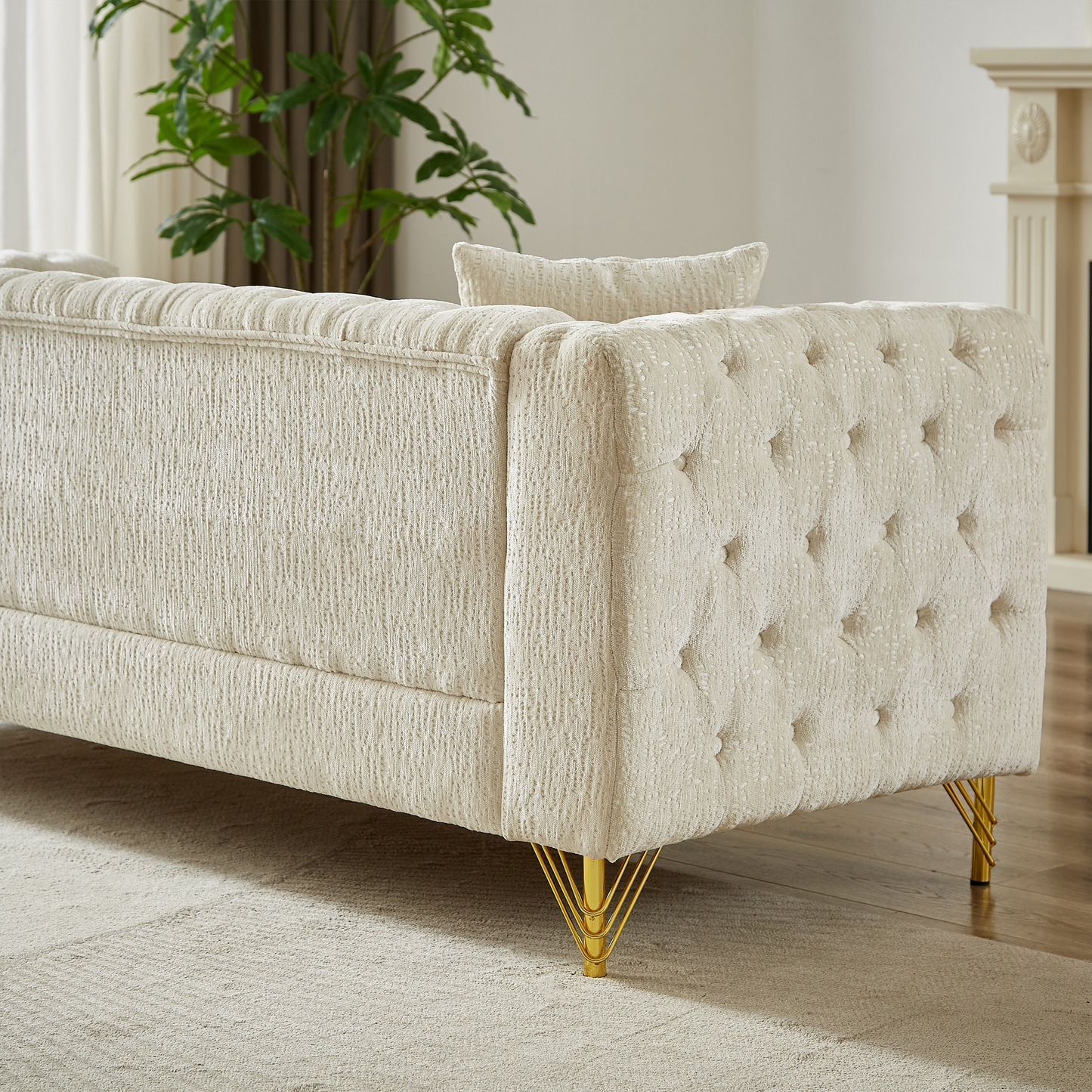 Chenille Pull Buckle Design Sofa for Living Room,Buttons Tufted With Copper Nail Decoration Armrest, Modern Couch Upholstered Button And Metal Legs