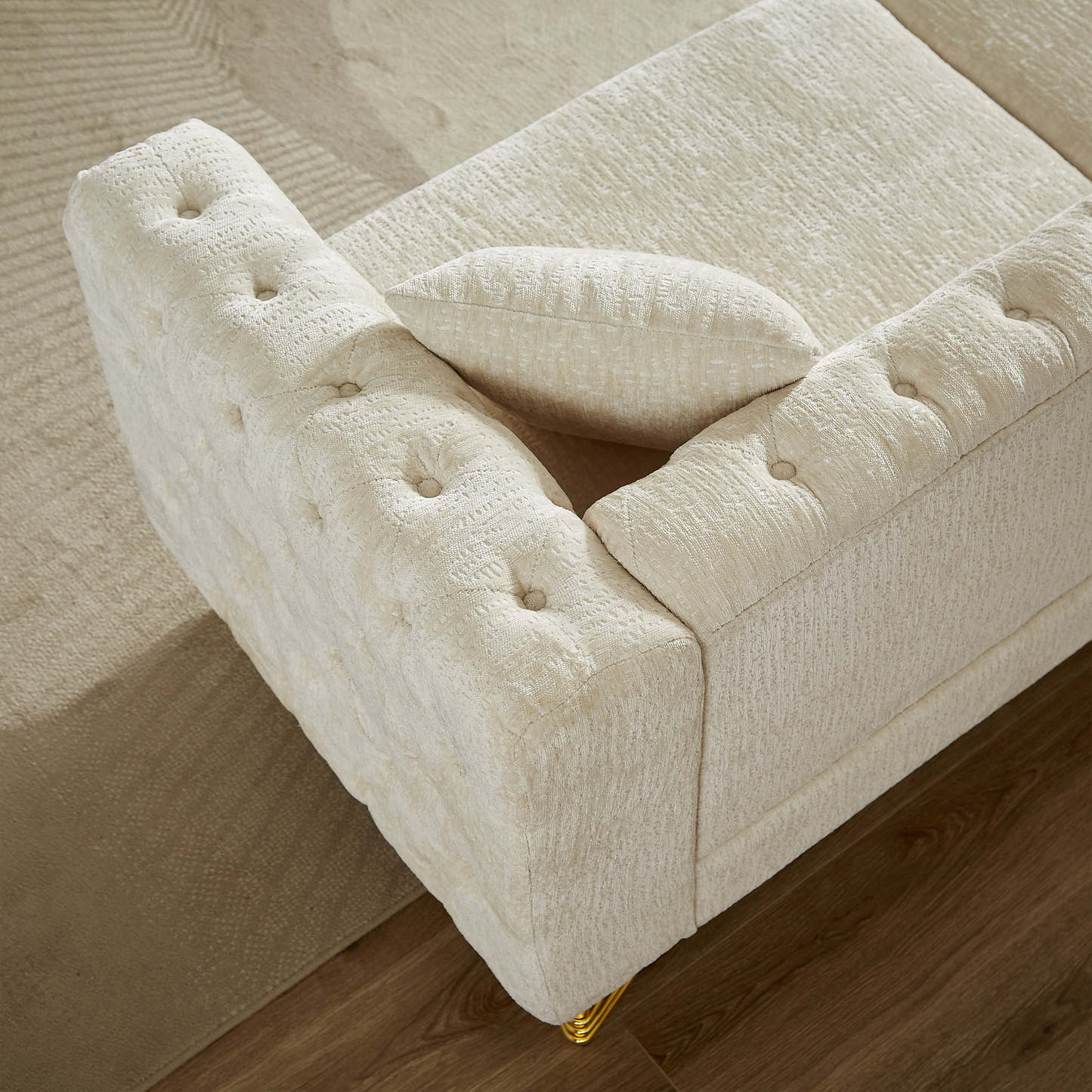 Chenille Pull Buckle Design Sofa for Living Room,Buttons Tufted With Copper Nail Decoration Armrest, Modern Couch Upholstered Button And Metal Legs