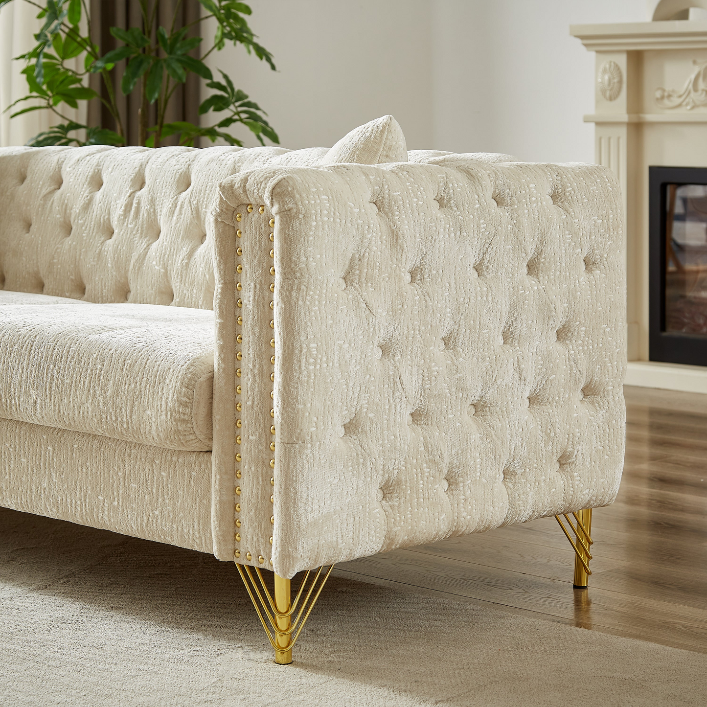 Chenille Pull Buckle Design Sofa for Living Room,Buttons Tufted With Copper Nail Decoration Armrest, Modern Couch Upholstered Button And Metal Legs