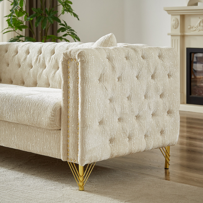 Chenille Pull Buckle Design Sofa for Living Room,Buttons Tufted With Copper Nail Decoration Armrest, Modern Couch Upholstered Button And Metal Legs