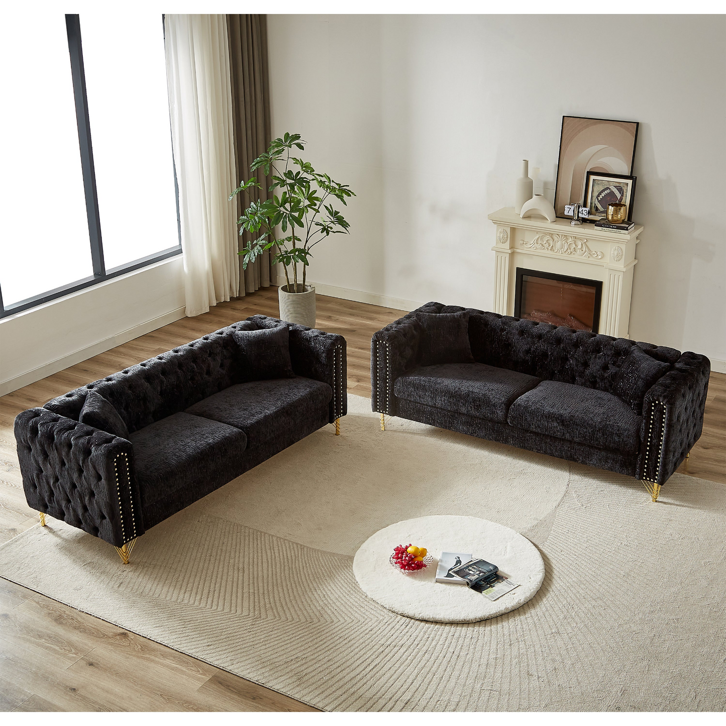 Chenille Pull Buckle Design Sofa for Living Room,Buttons Tufted With Copper Nail Decoration Armrest, Modern Couch Upholstered Button And Metal Legs