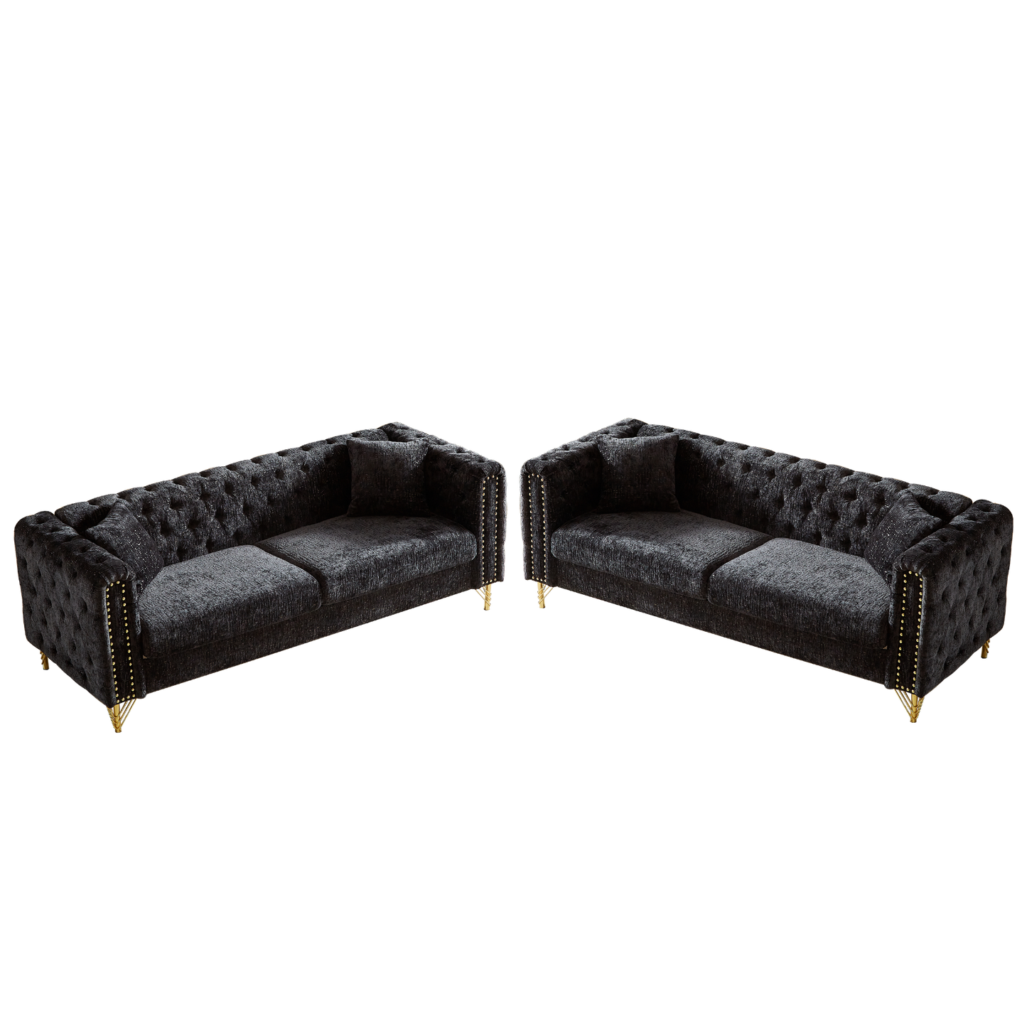 Chenille Pull Buckle Design Sofa for Living Room,Buttons Tufted With Copper Nail Decoration Armrest, Modern Couch Upholstered Button And Metal Legs
