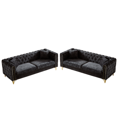 Chenille Pull Buckle Design Sofa for Living Room,Buttons Tufted With Copper Nail Decoration Armrest, Modern Couch Upholstered Button And Metal Legs