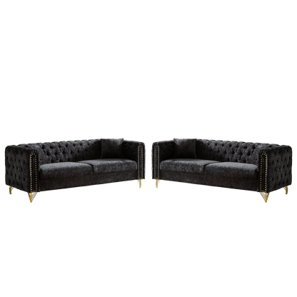 Chenille Pull Buckle Design Sofa for Living Room,Buttons Tufted With Copper Nail Decoration Armrest, Modern Couch Upholstered Button And Metal Legs