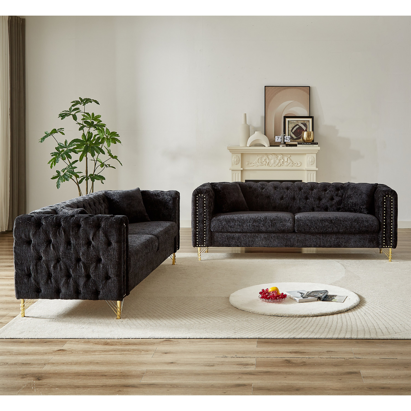 Chenille Pull Buckle Design Sofa for Living Room,Buttons Tufted With Copper Nail Decoration Armrest, Modern Couch Upholstered Button And Metal Legs