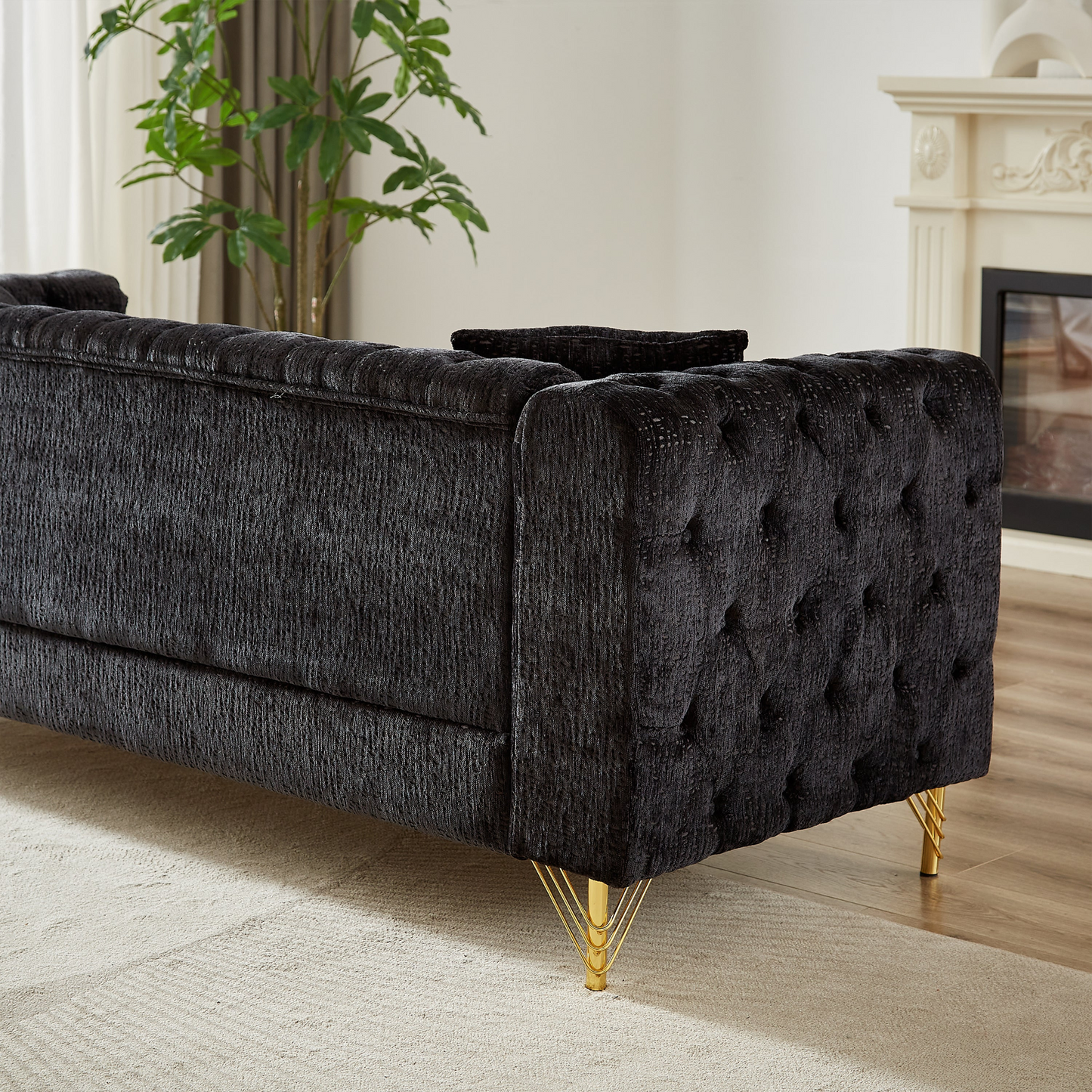 Chenille Pull Buckle Design Sofa for Living Room,Buttons Tufted With Copper Nail Decoration Armrest, Modern Couch Upholstered Button And Metal Legs