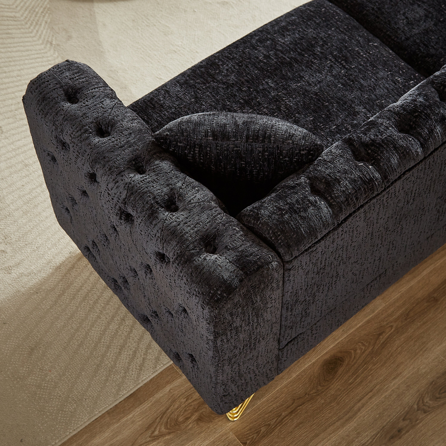 Chenille Pull Buckle Design Sofa for Living Room,Buttons Tufted With Copper Nail Decoration Armrest, Modern Couch Upholstered Button And Metal Legs
