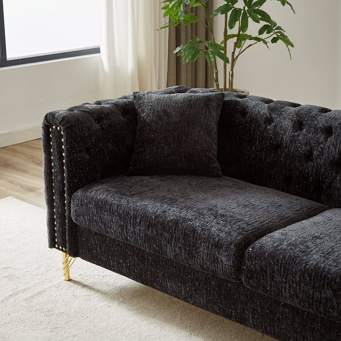 Chenille Pull Buckle Design Sofa for Living Room,Buttons Tufted With Copper Nail Decoration Armrest, Modern Couch Upholstered Button And Metal Legs