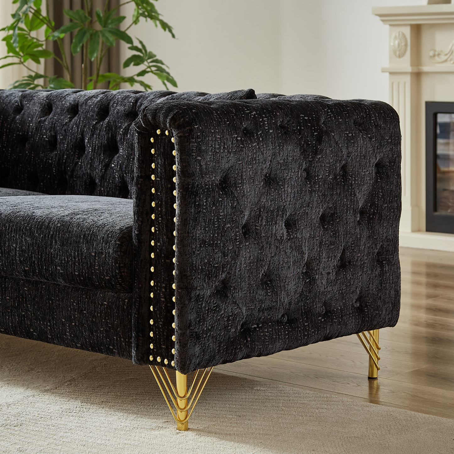 Chenille Pull Buckle Design Sofa for Living Room,Buttons Tufted With Copper Nail Decoration Armrest, Modern Couch Upholstered Button And Metal Legs