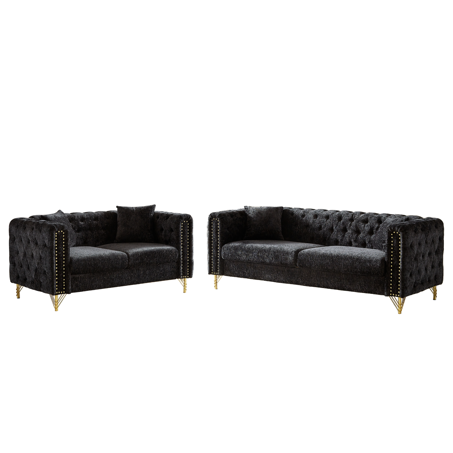 Chenille Pull Buckle Design Sofa for Living Room,Buttons Tufted With Copper Nail Decoration Armrest, Modern Couch Upholstered Button And Metal Legs
