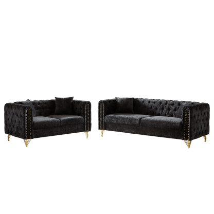 Chenille Pull Buckle Design Sofa for Living Room,Buttons Tufted With Copper Nail Decoration Armrest, Modern Couch Upholstered Button And Metal Legs