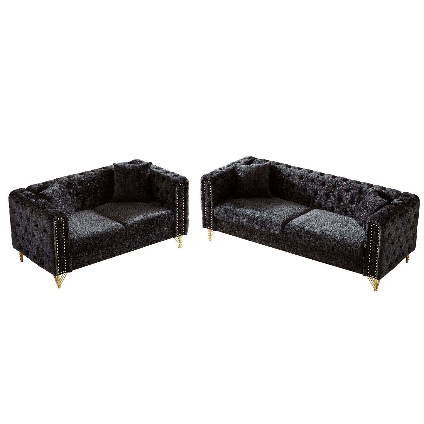 Chenille Pull Buckle Design Sofa for Living Room,Buttons Tufted With Copper Nail Decoration Armrest, Modern Couch Upholstered Button And Metal Legs